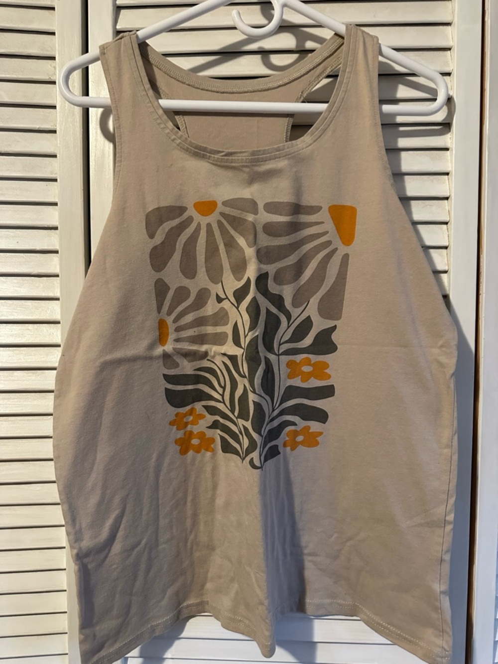 Amazon Beige Tank Top with Mustard and Gray Floral Graphic
